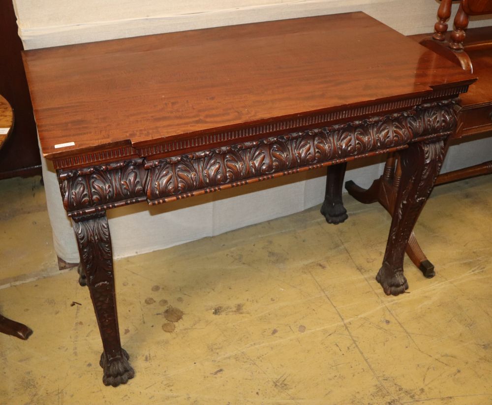 A George III style mahogany breakfront console table, W.114cm, D.62cm, H.85cm